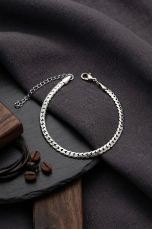 316L Çelik Gümüş Renk Ezme Cuban Zincir Model Erkek Bileklik
