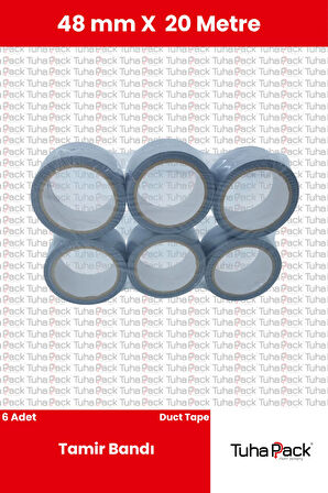 Tamir Bandı (Duct Tape) 48mm X 20m Gri (6 Adet)- Çok Amaçlı, Güçlü ve Su Geçirmez Tamir Bandı