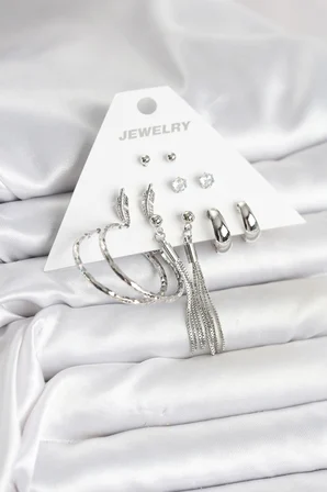 Gümüş Renk Pirinç 6 Çiftli Kadın Küpe Seti - TJ-BKP11331