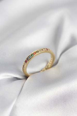 Gold Renk Sıralı Renkli Zirkon Taşlı Kadın Yüzük - TJ-BYK3965