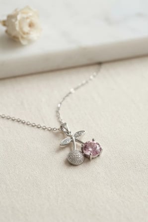 316L Çelik Zincir Gümüş Renk Pembe Kiraz Model Kolye TJ-BKO11191