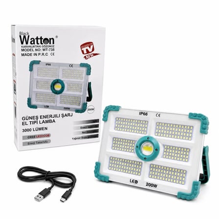 200W Işık Gücü 3.000 Lümen Solar Güneş Enerjili Şarjlı Lamba WT-738