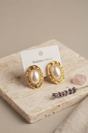 316L Gold Renk Gold Renk Vintage Beyaz İncili Model Küpe TJ-BKP12060