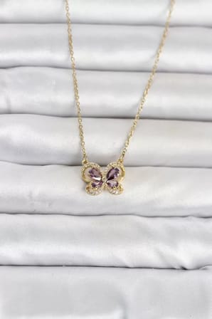 316L Çelik Zincir Gold Renk Mor Kelebek Model Kadın Kolye TJ-BKO11100