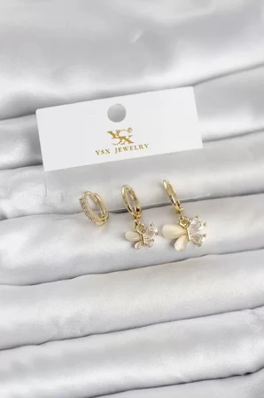 Pirinç Gold Renk Kelebek Model 3'lü Kadın Küpe - TJ-BKP11709