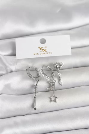 Pirinç Gümüş Renk Zirkon Taşlı Gece Temalı 3'lü Kadın Küpe - TJ-BKP11704