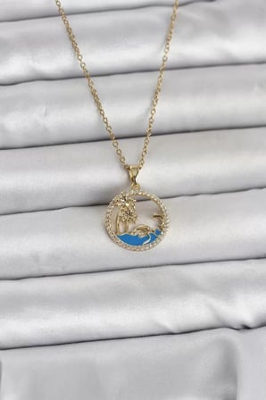 316L Çelik Zincir Gold Renk Zirkon Taşlı Deniz Temalı Kadın Kolye - TJ-BKO11032
