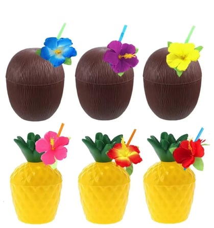 Ananas & Hindistan Cevizi Tasarımlı Pipetli Bardak Seti (6 Adet)