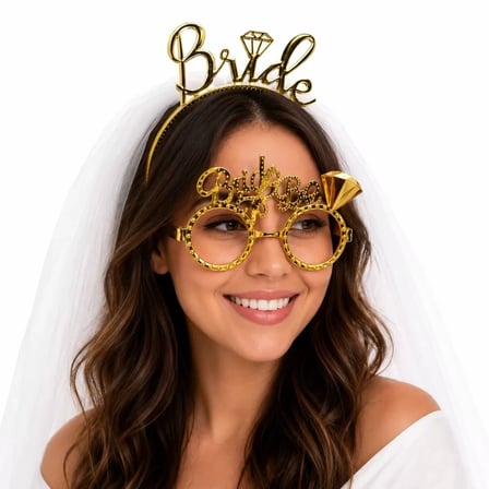 Bride Yazılı Gold Taç ve Parti Gözlüğü Seti