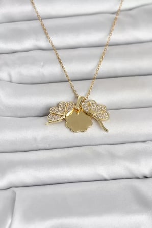 316L Çelik Gold Renk Açılabilir Yonca Model Zirkon Taşlı Kadın Kolye - TJ-BKO11048