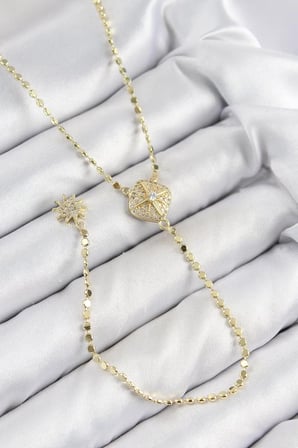 Pirinç Zirkon Taşlı Ezme Zincirli Madalyon Model Gold Renk Y Kolye - TJ-BKO10471