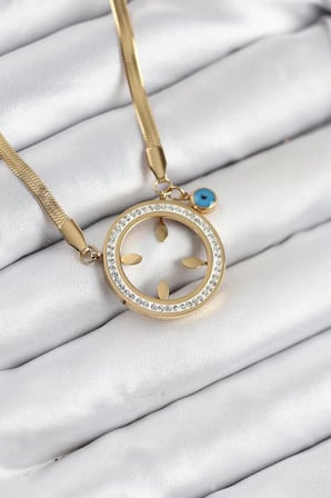 316L Çelik Zirkon Taşlı Çeyrek Takılabilir Gold Renk Kadın Kolye - TJ-BKO10506