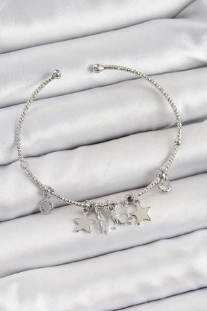 Pirinç Zirkon Taşlı Kelebek Ve Yıldız Model Gümüş Renk Charm Bileklik - TJ-BB7345