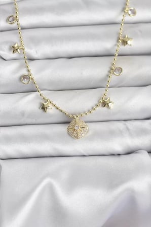Pirinç Gold Renk Zirkon Taşlı Kutup Yıldızı Model Kadın Kolye - TJ-BKO10647
