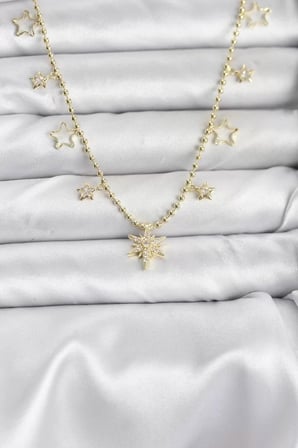 Pirinç Gold Renk Zirkon Taşlı Kutup Yıldızı Model Kadın Kolye - TJ-BKO10649