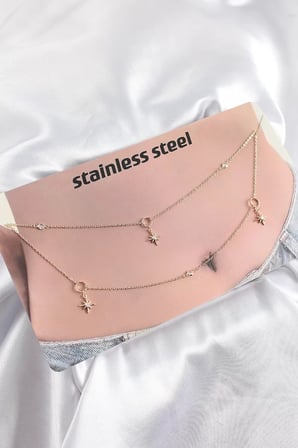 316L Çelik Zirkon Taşlı Kutup Yıldızı Model Gold Renk Göbek Zinciri - TJ-BKGZ10344