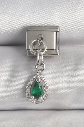 316L Çelik Gümüş Renk Sallantı Yeşil Zirkon Taşlı Damla Model Nomination Charm - TJ-BC1383