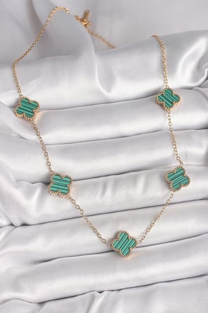 316L Çelik Gold Renk Zincir Yeşil Yonca Model Kadın Kolye - TJ-BKO9925