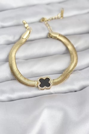 316L Çelik Gold Renk Siyah Yonca Model Zirkon Taşlı Yılan Zincirli Kadın Bileklik - TJ-BB8156