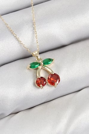 Pirinç Zirkon Taşlı Kiraz Model Gold Renk Kadın Kolye - TJ-BKO10420