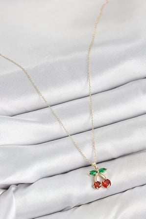 Pirinç Zirkon Taşlı Kiraz Model Gold Renk Kadın Kolye - TJ-BKO10420
