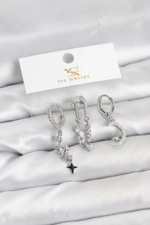 Pirinç Gümüş Renk Zirkon Taşlı Uzay Model YSX Trio Küpe Seti - TJ-BKP11569