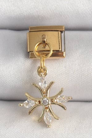 316L Çelik Gold Renk Sallantı Zirkon Taşlı Kar Tanesi Model Nomination Charm - TJ-BC1341