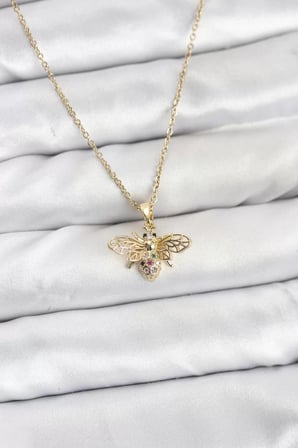 316L Çelik Zincir Gold Renk Sinek Model Zirkon Taşlı Kadın Kolye - TJ-BKO10875