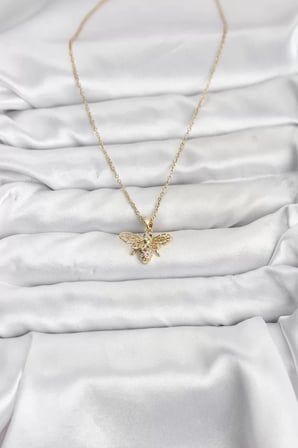 316L Çelik Zincir Gold Renk Sinek Model Zirkon Taşlı Kadın Kolye - TJ-BKO10875