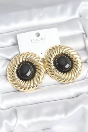 Pirinç Gold Renk Siyah Boncuklu Vintage Kadın Küpe - TJ-BKP11388