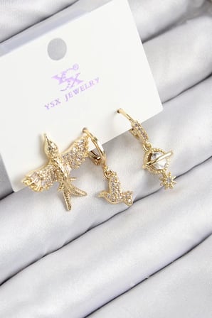 Pirinç Zirkon Taşlı 3'lü Kuş Model Gold Renk Kadın Küpe - TJ-BKP11133