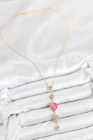 Pirinç Zincir Pembe Gold Renk Zirkon Taşlı Y Kolye - TJ-BKO10556