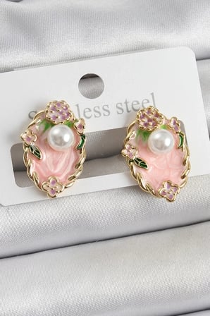 Pirinç Pembe Mineli İnci Detaylı Sanatsal Portre Model Gold Renk Kadın Küpe - TJ-BKP10690