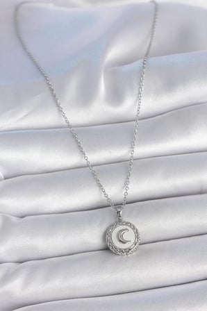 316L Çelik Gümüş Renk Zincir Beyaz Mineli Hilal İşlemeli Madalyon Model Kadın Kolye - TJ-BKO10034