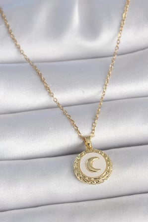 316L Çelik Gold Renk Zincir Beyaz Mineli Hilal İşlemeli Madalyon Model Kadın Kolye - TJ-BKO10035