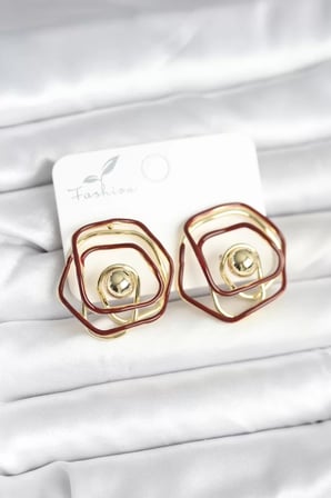 Pirinç Gold Renk Bordo Mineli Geometrik Gül Model Kadın Küpe - TJ-BKP11374