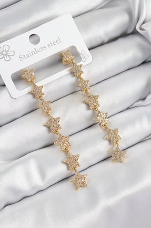 Pirinç Zirkon Taşlı Sallantılı Yıldız Model Gold Renk Kadın Küpe - TJ-BKP10912