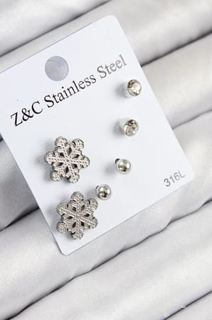 316L Çelik Zirkon Taşlı Kar Tanesi Model Gümüş Renk Kadın Set Küpe - TJ-BKP11121