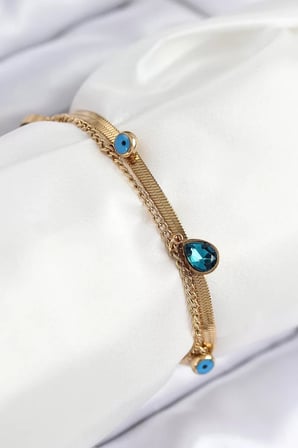 316L Çelik Nazar Boncuk Detaylı Mavi Zirkon Taşlı Model İtalyan Zincir Gold Renk Kadın Bileklik - TJ-BB7828