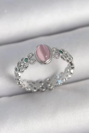 Pirinç Gümüş Renk Zirkon Taş Detaylı Pembe Mineli Damla Model Ayarlanabilir Kadın Yüzük - TJ-BYK3724