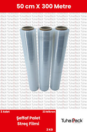 Streç Film 50cm X 300m 3 Adet, Şeffaf, 23 Mikron, 2000 Gr, Dayanıklı Eşya Ve Koli Streci