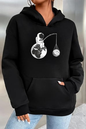 Kapşonlu Siyah Uzay Sweat