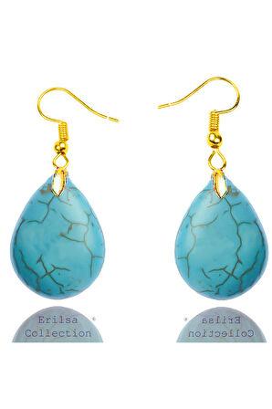 Sertifikalı Damla Model Firuze Taşı Küpe (Turkuaz Taşı) -24k Altın Kaplama