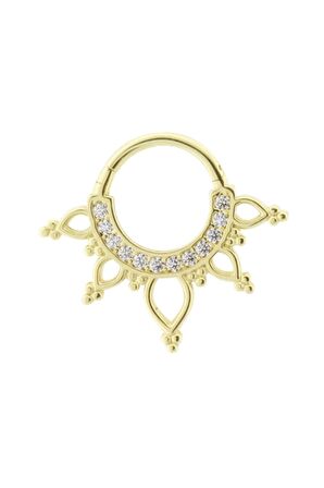 14 Ayar Altın Taşlı Minimal Taç Halka Piercing Beyaz