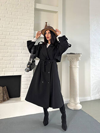Kadın Siyah Uzun Trençkot Cepli Kuşaklı Rüzgar Kapaklı Yeni Sezon Dış Giyim
