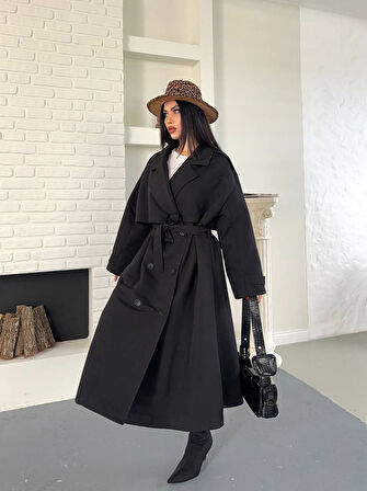 Kadın Siyah Uzun Trençkot Cepli Kuşaklı Rüzgar Kapaklı Yeni Sezon Dış Giyim