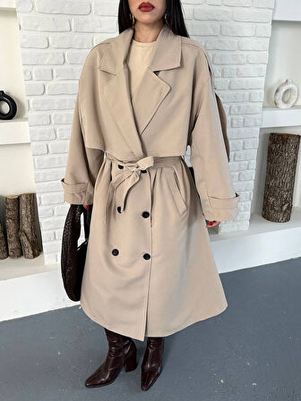 Kadın Krem Uzun Trençkot Cepli Kuşaklı Rüzgar Kapaklı Yeni Sezon Dış Giyim