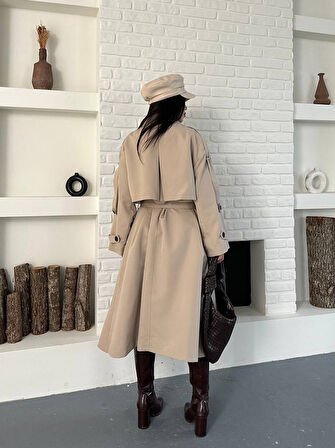 Kadın Krem Uzun Trençkot Cepli Kuşaklı Rüzgar Kapaklı Yeni Sezon Dış Giyim