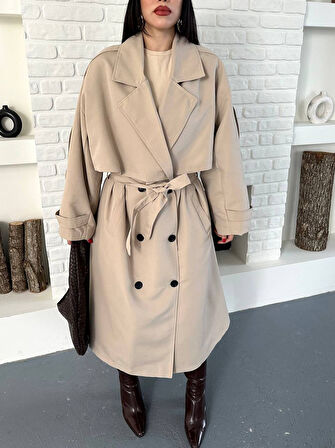 Kadın Krem Uzun Trençkot Cepli Kuşaklı Rüzgar Kapaklı Yeni Sezon Dış Giyim