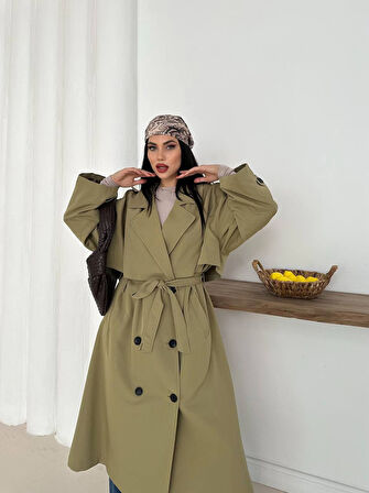Kadın Haki Uzun Trençkot Cepli Kuşaklı Rüzgar Kapaklı Yeni Sezon Dış Giyim